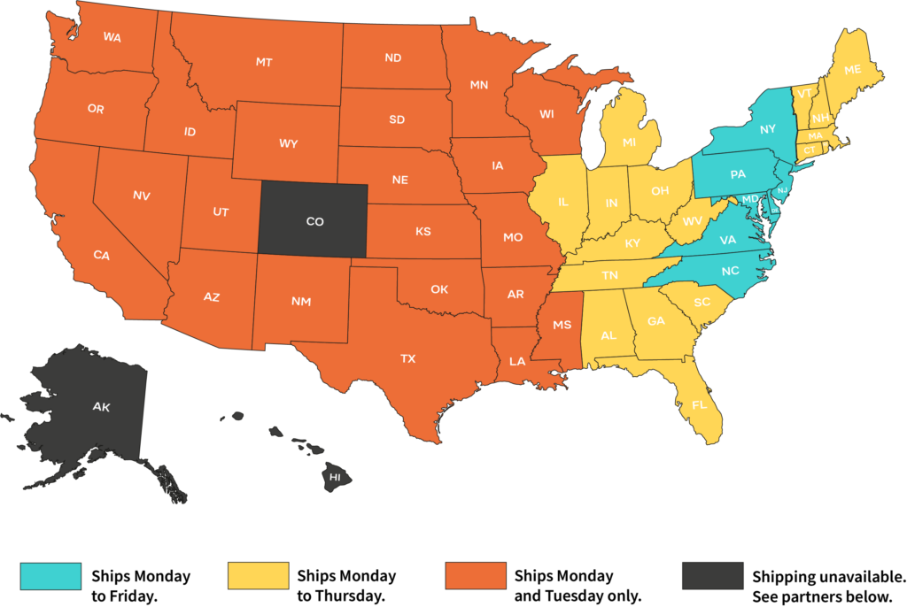 A color-coded map of the United States displaying Carnos' shipping by state